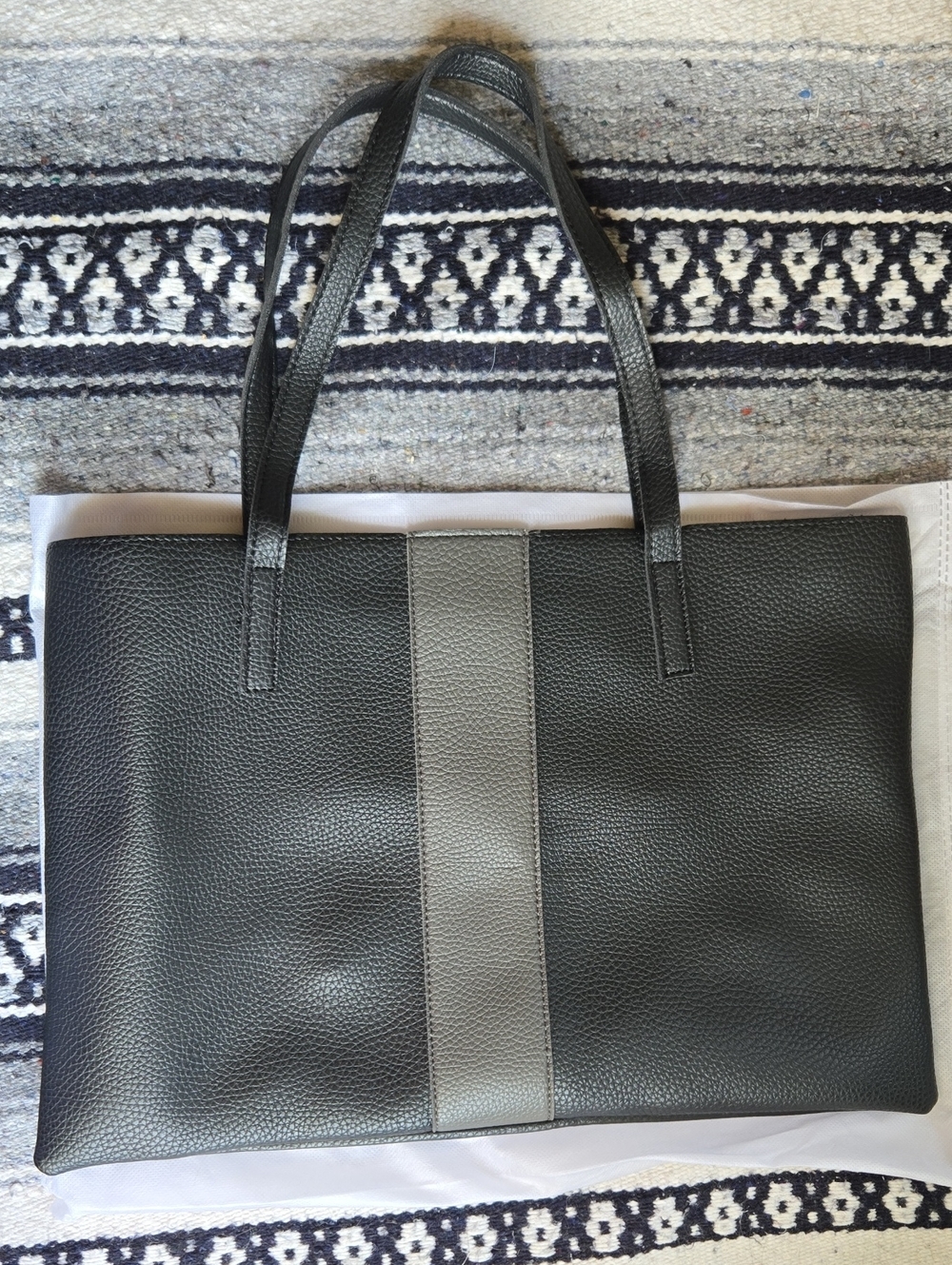 Vince Camuto Black With Light Gray Vegan Leather Stripe Tote